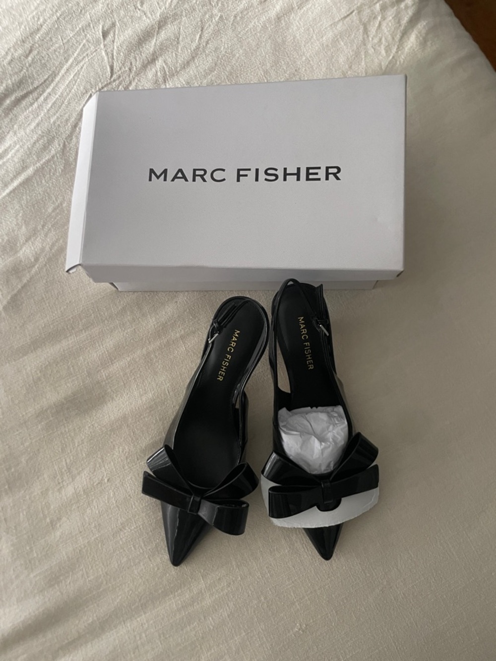 Marc Fisher Black Patent Pointed Bow Slingback Heels